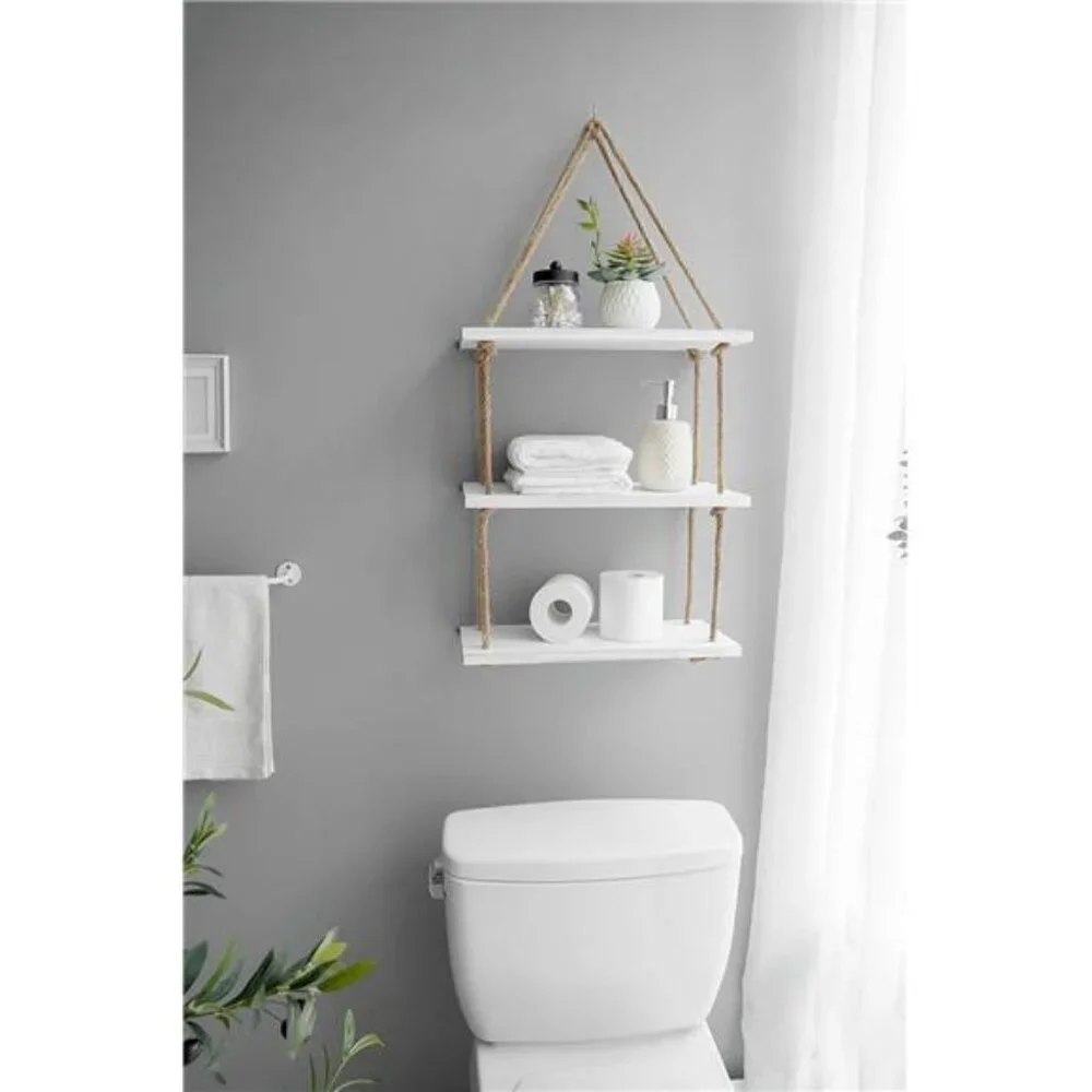 Hanging Shelves 3 Tier White Wood Wall Mount Floating Shelf with Rope Boho Decor